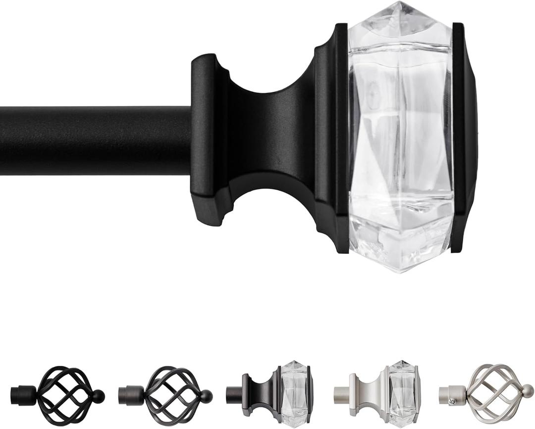 Black Curtain Rod Adjustable 30" to 48" for Kitchen Window, Single Decorative 3/4 Inh Diameter Metal Curtain Rod with Brackets, Square Finials, 1 Set