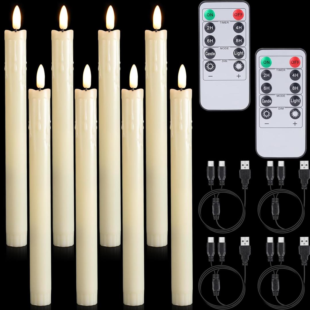 Retisee 4 Sets Rechargeable Flameless Taper Candles with Remote and Timer 9.8" Battery Operated Flickering Pillar Candles LED Dripless Wax Candlesticks for Christmas Home Window Fireplace