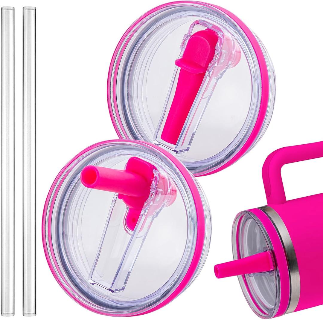 Replacement Lid for Stanley 40 oz and 64 oz Tumbler.Leak proof Flip Straw Lid Fit Stanley Cup Quencher H2.0 40 oz/64 oz and Stanley ProTour 40oz/64oz Tumbler.(Fuchsia,2-Pack)