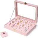 Jewelry Box Necklace Organizer Tray, Pink Velvet Necklace Display Case for Storage Small Display Tray 12 Grid Pendant Holder for Women