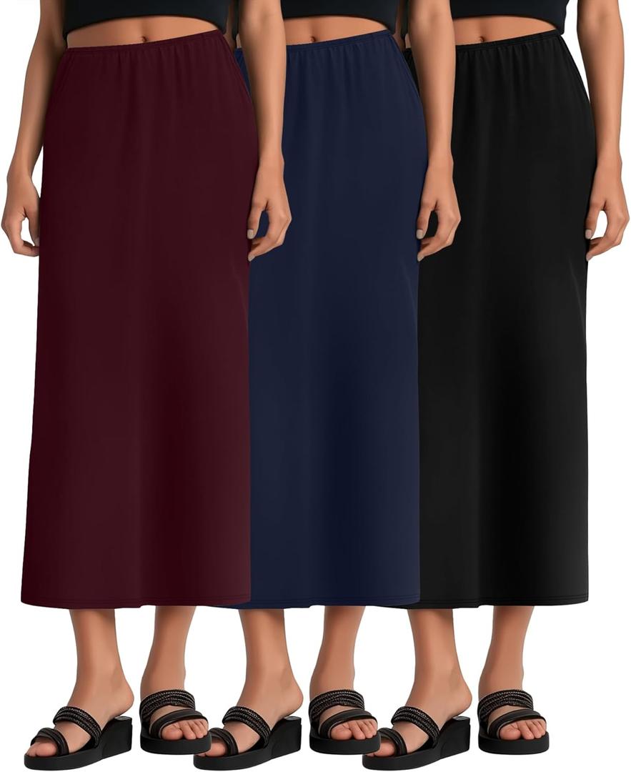 Huukeay 3 Pack Long Maxi Skirts for Women, Back Slit Ankle Length Casual Skirts Elastic Waist Soft Pencil Skirts with Pockets (Medium, Black, Navy Blue, Wine Red)