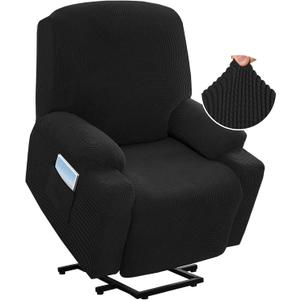 H.VERSAILTEX Stretch Couch Cover Recliner Cover Electric Power Lift Recliner Chair Cover Fitted Standard Large Power Lift Recliner with Side Pocket, Soft Thick Jacquard(Single Seat, Black)