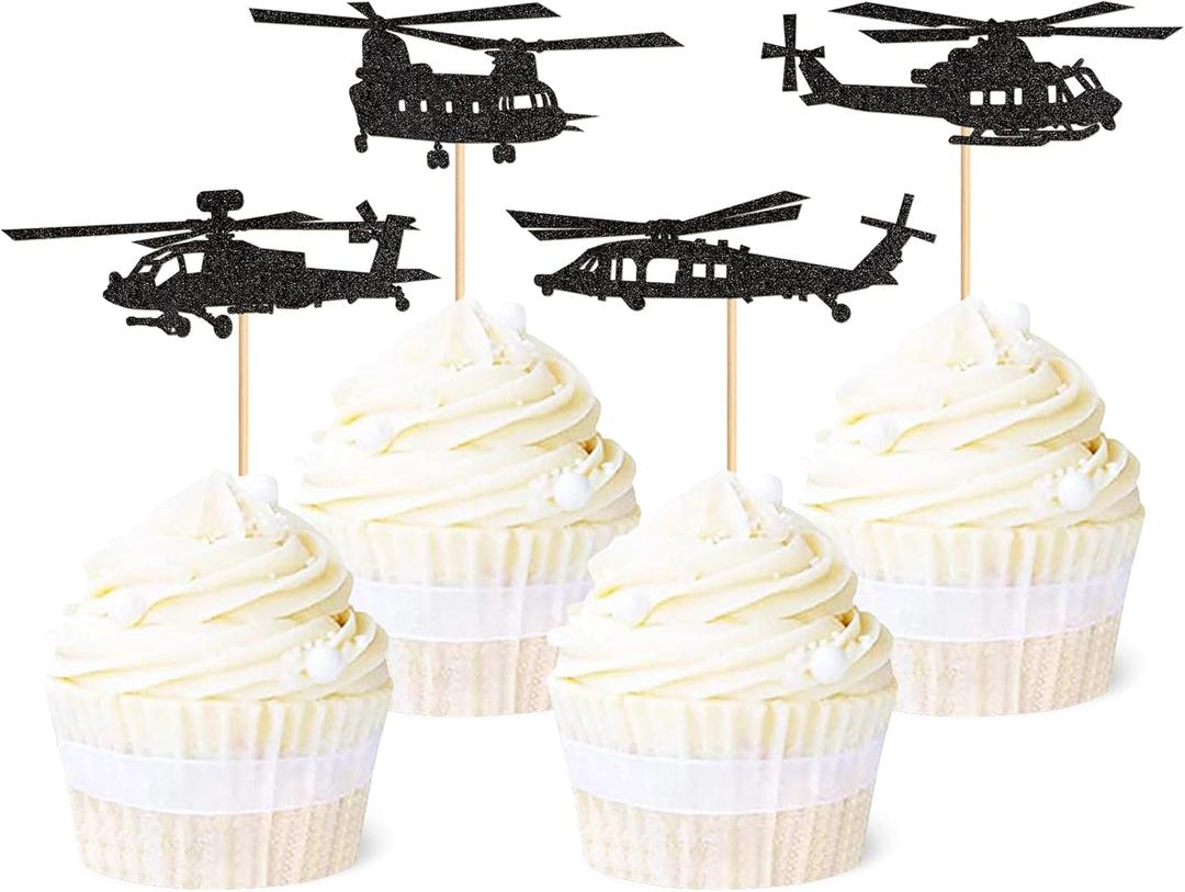2 x Ercadio 24 Pack Helicopter Cupcake Toppers Black Glitter Aircraft Cupcake Picks Plane Cupcake Toppers for Airplane Theme Party Birthday Baby Shower Cake Decor Supplies