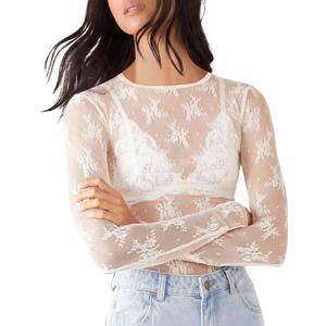 AKEWEI Womens Mesh Long Sleeve Tops Crew Neck Sexy See Through Tee Shirts Party Club Night Lace Blouse (Large, White)