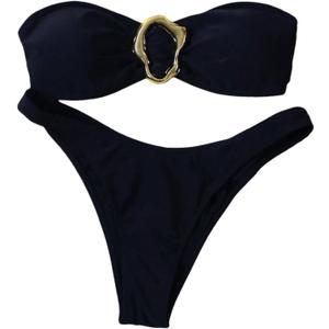 SHENHE Women's 2 Piece Strapless Swimsuits High Cut Metal Ring Tube Top Bandeau Bikini Set (Black,Small)