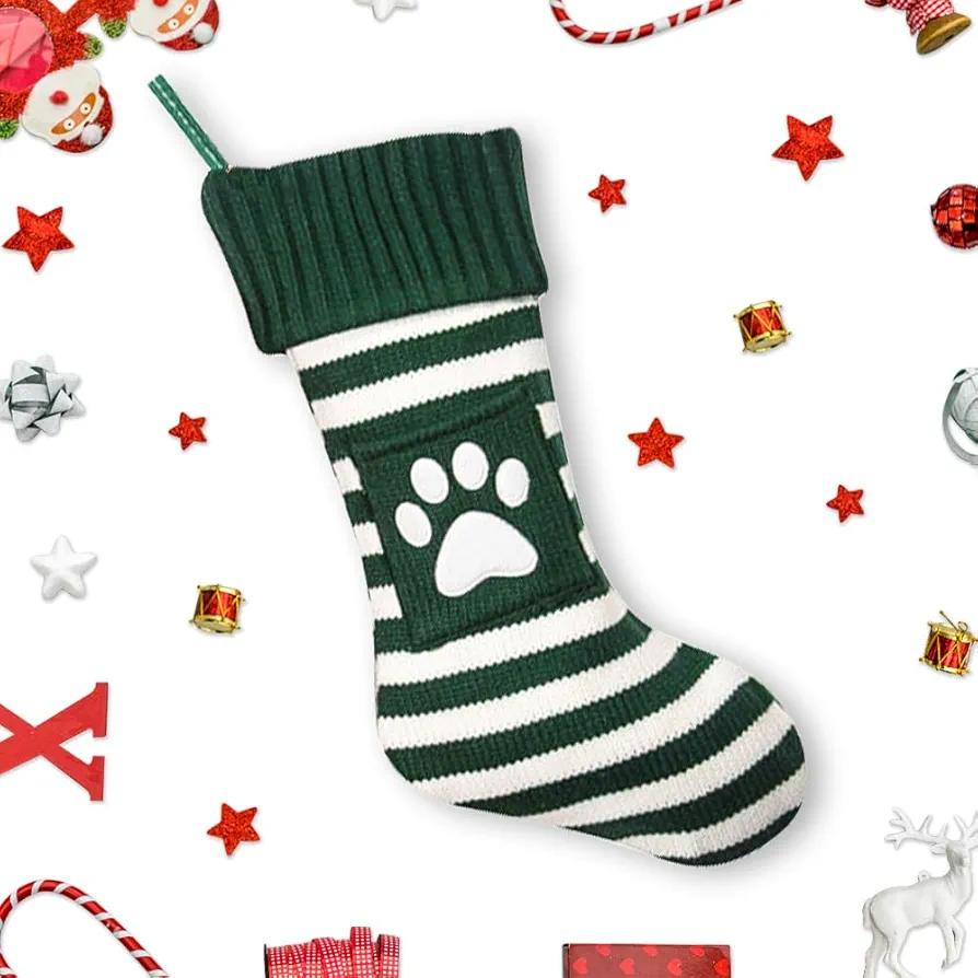 Large Christmas Stockings Christmas Green White Strip Cat Paw Hanging Stocking Christmas Sock Double Sided Fireplace Hanging Stocking for Christmas Party Decoration New Year Xmas Party Favors Supplies