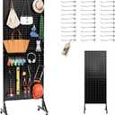 Metal Pegboard Display Stand 66" x 24, Pegboard Shelf with 30 Hooks, 4 Wheels and 4 Leveling Feet, Peg Board Panels Display Rack for Retail Store, Craft Show, Garage, Jewelry Organizer, Black