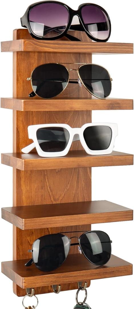 Sunglasses Organizer, Wall Mounted 5-Tier Wood Eyeglasses and Sunglass Holder Rack, Eyewear Storage Display Shelf with Key Hooks for Entryway, Living Room, or Retail Showcase