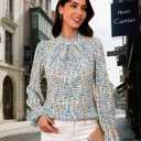 Womens Frill Mock Neck Boho Floral Tops Elegant Puff Long Sleeve Shirts 2025 Casual Vacation Outfits Work Blouse (M)