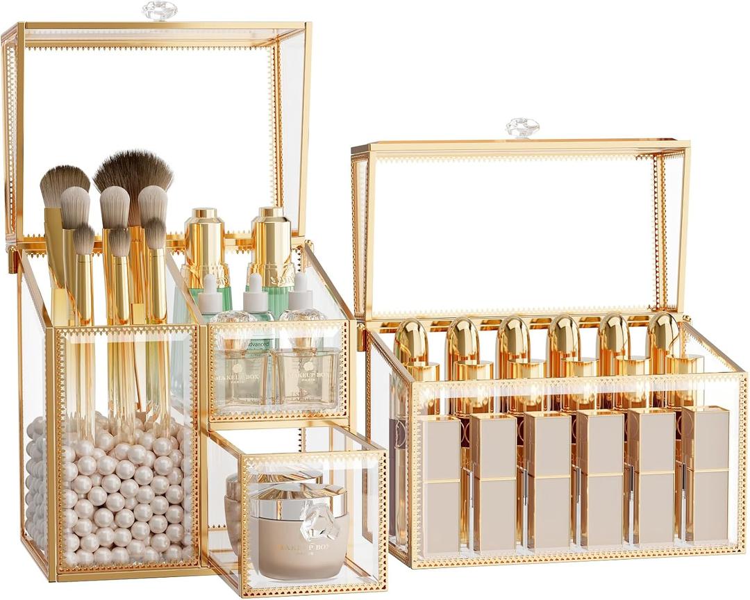 Makeup Brush Organizer  Vanity Organizer with 18-Slot Lipstick Organizer & Makeup Brush Holder with Lid  Skincare, Perfume & Cosmetic Storage for Bathroom or Dresser (White)