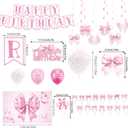 Pink Bow Birthday Party Supplies Decoration, Coquette Birthday Decorations Include Bow Themed Backdrop Banner Hanging Swirls Cake Topper Balloons for Girls and Women.