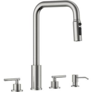 APPASO 4 Hole Kitchen Faucet with Pull Down Sprayer, 3 Hole Dual Handle Kitchen Faucet with Soap Dispenser and 3-Function Spray, 2 Handles Brushed Nickel Stainless Steel for 3-Hole & 4 Holes Sink