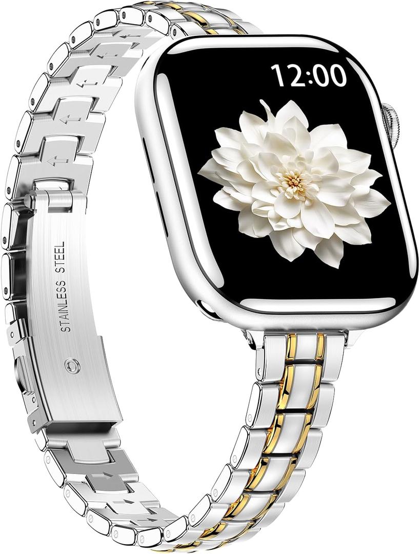 BAITEYOU Narrow Metal Band Compatible with Apple Watch Band 44mm 45mm 46mm 49mm 42mm (Series 3 2 1), iwatch Stainless Steel Thin Bands Series 11 10 9 8 7 6 5 4 Ultra for Women, Silver Gold