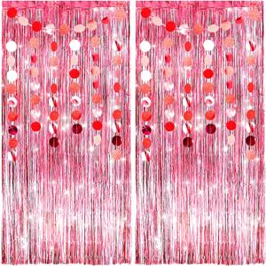 2 Pack Rose Gold Party Streamers Tinsel Curtain Party Backdrop Foil Fringe Curtain with 2 Pack Garlands for Bachelorette Birthday Decorations