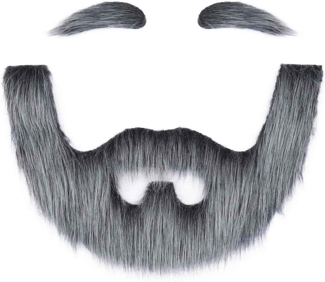 2 x Fake Beard and Self Adhesive Eyebrows Fake Mustache Novelty Costume Facial Hair for Cosplay Halloween Party (Grey)
