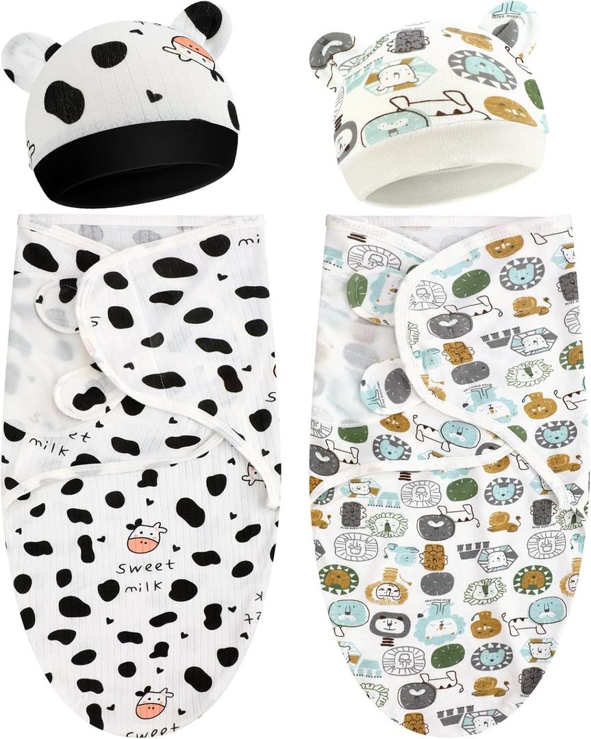 VitalCozy 2 Pack Preemie Baby Swaddle Blanket Wrap with Hat 3-7 Lbs Preemie Hat Newborn Receiving Blanket Wrap for Boy Girl(Animals, Cow)