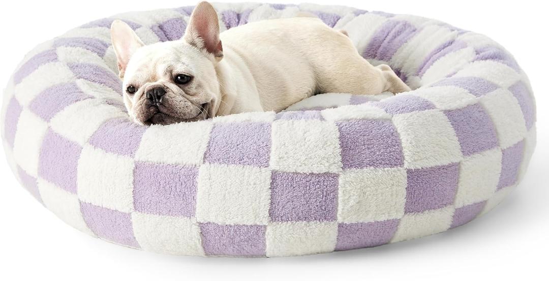 Lesure Donut Medium Dog Bed - Round Cat Beds for Indoor Cats Calming Pet Beds, Cute Modern Beds with Jacquard Shaggy Plush & Anti Slip Bottom, 30 Inch, Purple (Lavender Checks)