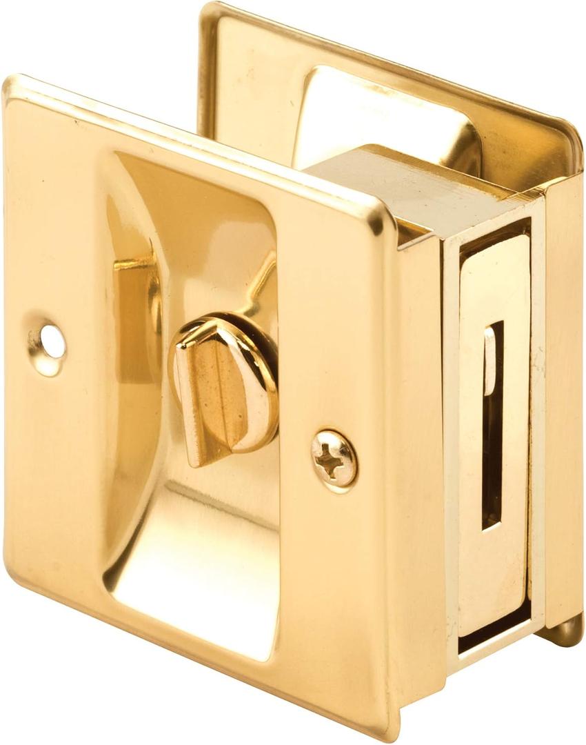 Prime-Line N 6771 Pocket Door Privacy Lock with Pull - Replace Old or Damaged Pocket Door Locks Quickly and Easily Brass (Single Pack)