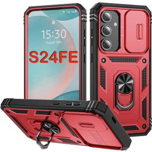 2 x PASNEW Case for Samsung Galaxy S24 FE,6.7",Red | 360°+100°Metal Kickstand,Slide Camera Cover,Military Multi-Layer Rugged Shockproof