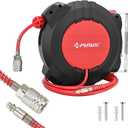 PURUS Retractable Air Hose Reel, 1/4" x 32ft, 180 Swivel Wall/Ceiling Mount, Auto Rewind, Hybrid Hose Max 10 Bar Pressure Air Compressor Hose Reel Quick Coupler for Workshop & Garage