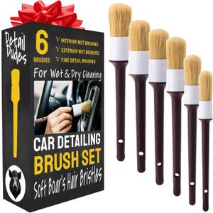 Soft Boars Hair Car Detailing Brush Set for Washing (6 Pack) - Interior Car Detailing Kit - Automotive Interior Dusting Brush - Auto Cleaning Supplies