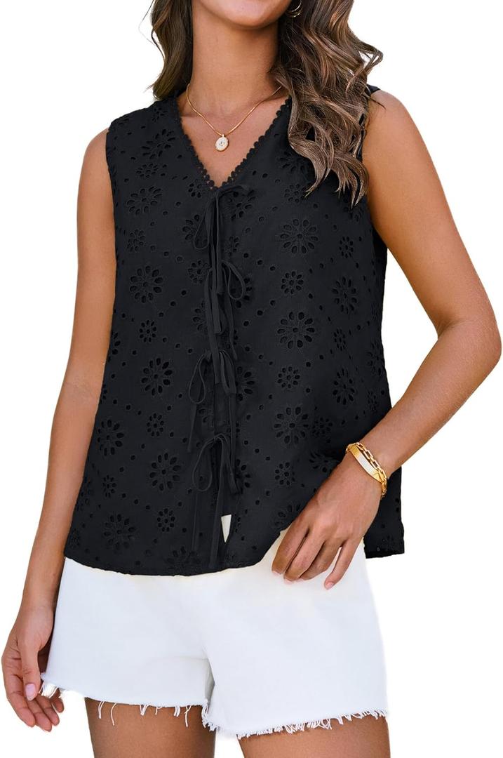 Womens Summer Tank Top Dressy Casual V Neck Bow Lace Embroidered Vacation Beach Shirts Blouses Black S