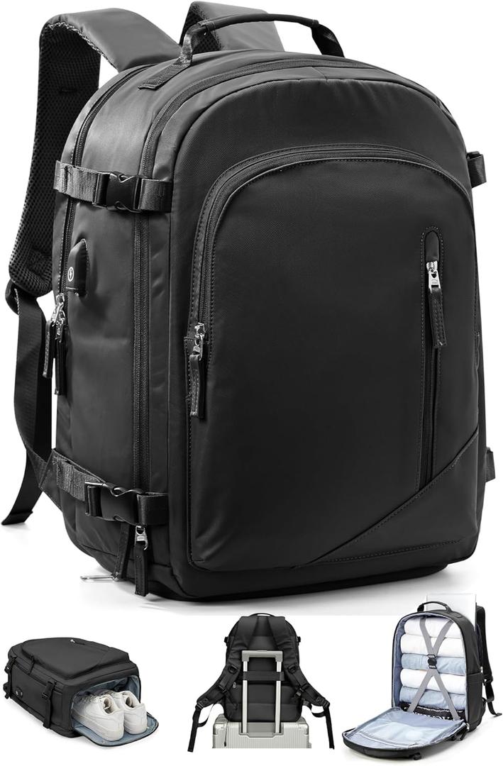 BJLFS Travel Backpack for Women Men, Carry On Backpack with USB Charging Port & Shoe Pouch, TSA 15.6inch, Flight Approved, College Nurse Bag Casual Laptop Daypack for Weekender Business Hiking,Black (Black With Shoe Compartment)