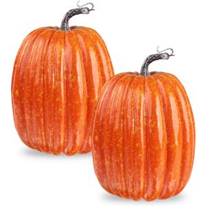 vensovo 2PCS 8 Inch Orange Plastic Pumpkins for Decorating - Large Artificial Foam Pumpkins for Fall Decor, Halloween, Thanksgiving, Paintable for DIY Crafts & Centerpieces