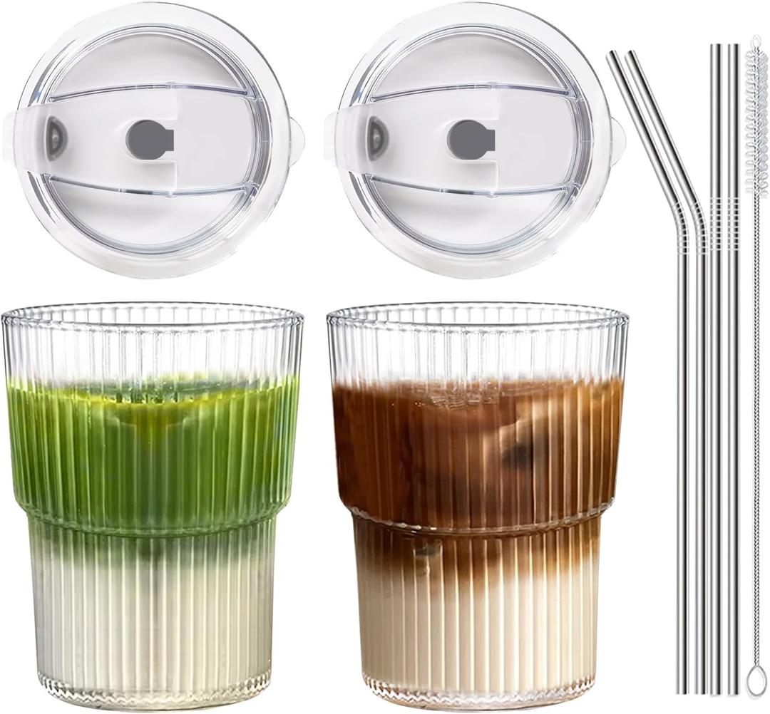 RÉΑLWÁY Iced Coffee Cups with Lids and Straws Set of 2, 16 Oz Unbreakable Plastic Drinking Glasses Reusable Iced Coffee Glass to Go Cup for Iced Tea, Juice, Water, BPA Free, Dishwasher Safe