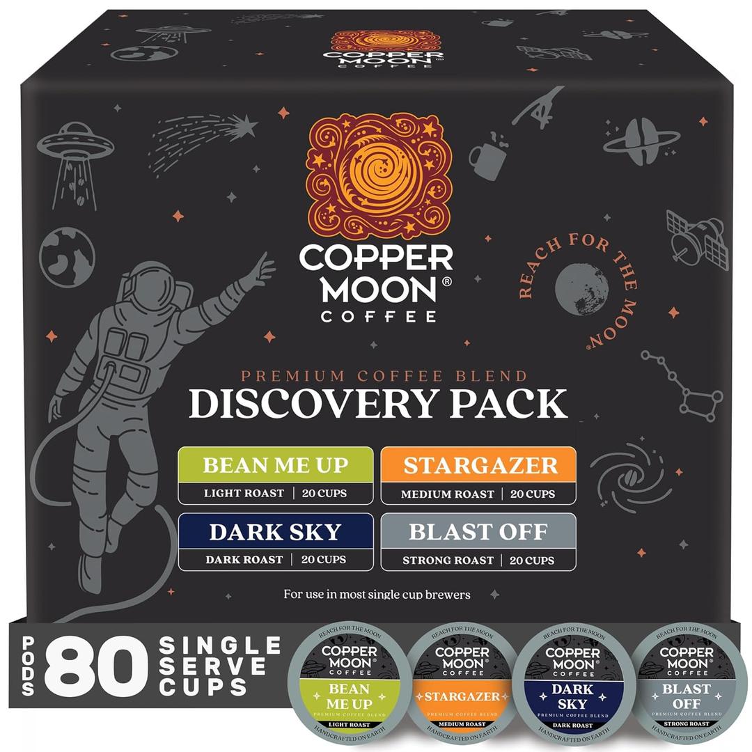 Copper Moon K-Cup Coffee Pods, Discovery Variety Pack, 80 Count | 20 Light Roast Bean Me Up, 20 Medium Roast Stargazer, 20 Dark Roast Dark Sky, 20 Strong Roast Blast Off, For K-Cup Brewers (EXP 05/07/28)
