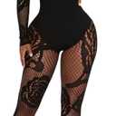 Women's Sexy Fishnet Seamless 2 Piece Outfits Mock Neck Long Sleeve Crop Top Legging Set Club Lingerie Sets (Black) One Size