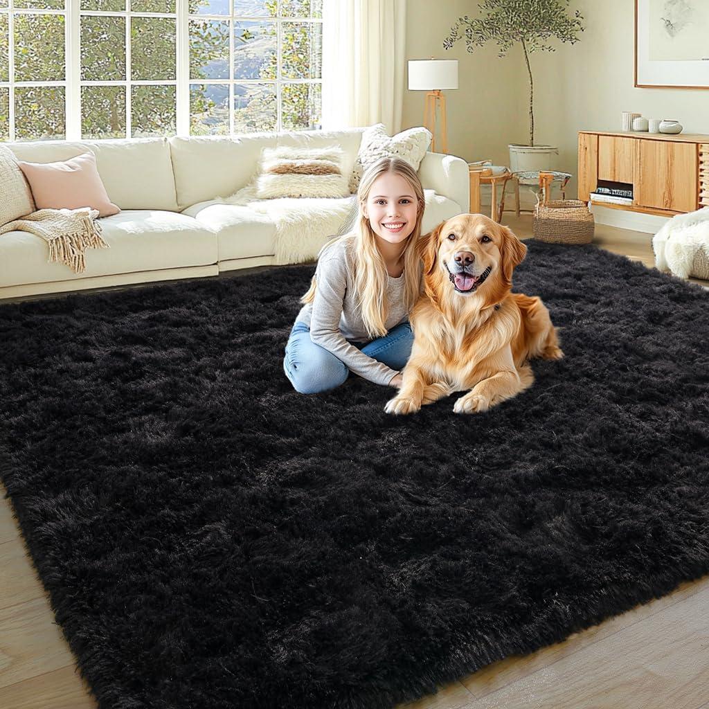 KING DARE 9x12 Area Rug for Living Room Plush Carpet, Soft Fluffy Shaggy Fuzzy Furry Large Black Rug, Anti-Slip Washable Modern Floor Rug for Bedroom Home Aesthetic Decor