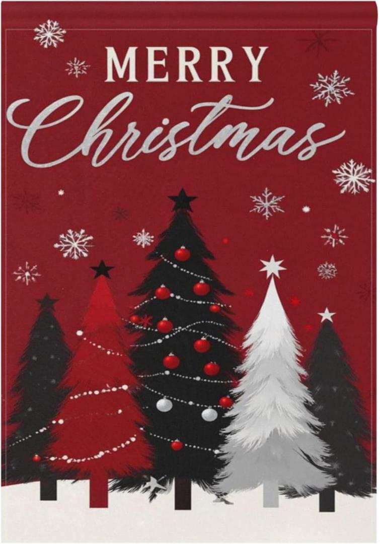 Merry Christmas Tree Red House Flag 28x40 Inch Double Sided Outside Winter Silver Snowflake Xmas Bells Seasonal Yard Outdoor Flag Banner for Garden Lawn Patio Holiday Decorations