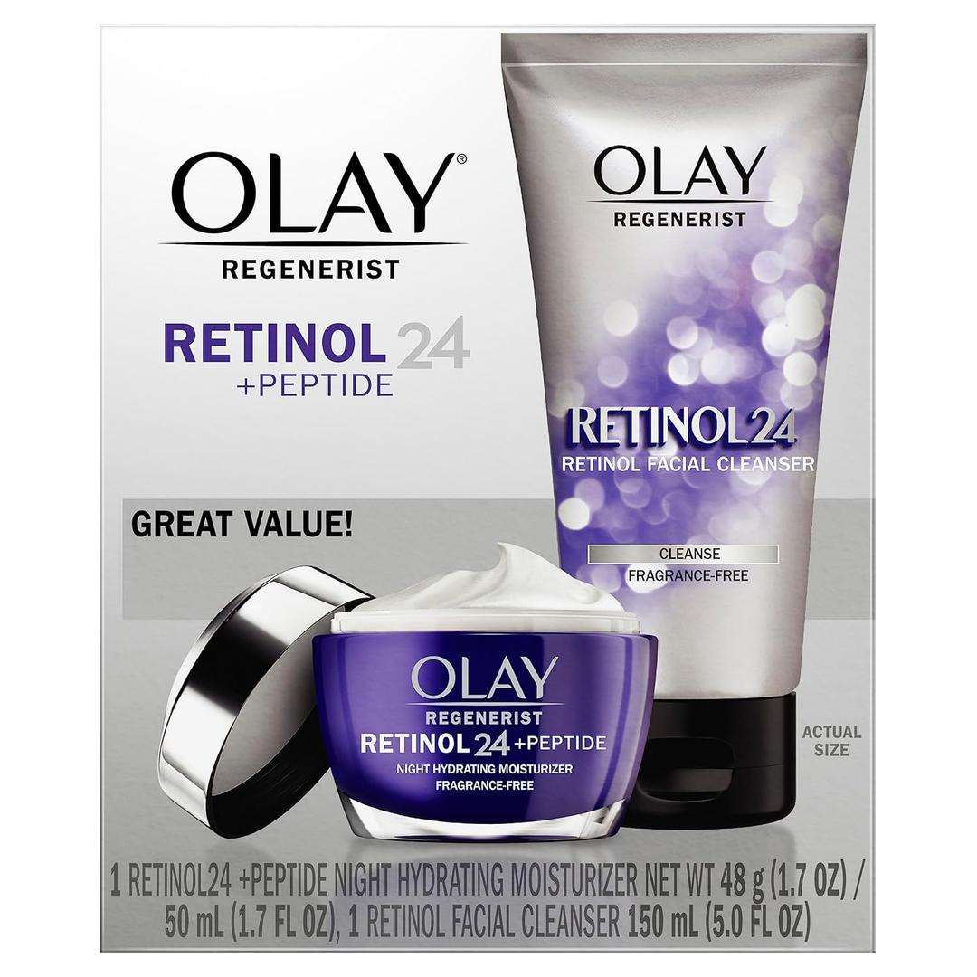 Olay Retinol 24 Duo Pack, Renewing Exfoliating Cleanser, FragranceFree 5.0 FL oz, Night Moisturizer, Fragrance-Free, 1.7 oz, 4ct Retinol Cleansing Melts