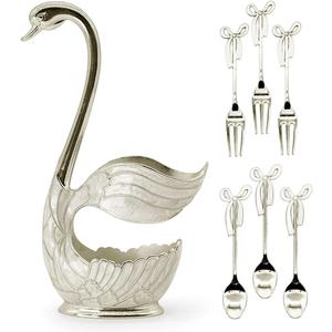 Decorative Swan Base Holder with 3 Spoons and 3 Forks, Coffee Dessert Spoon Fork Set Creative Coffee Dessert Sugar Flatware for Fruit Dessert Stirring Sugar Ice Cream (Silver)