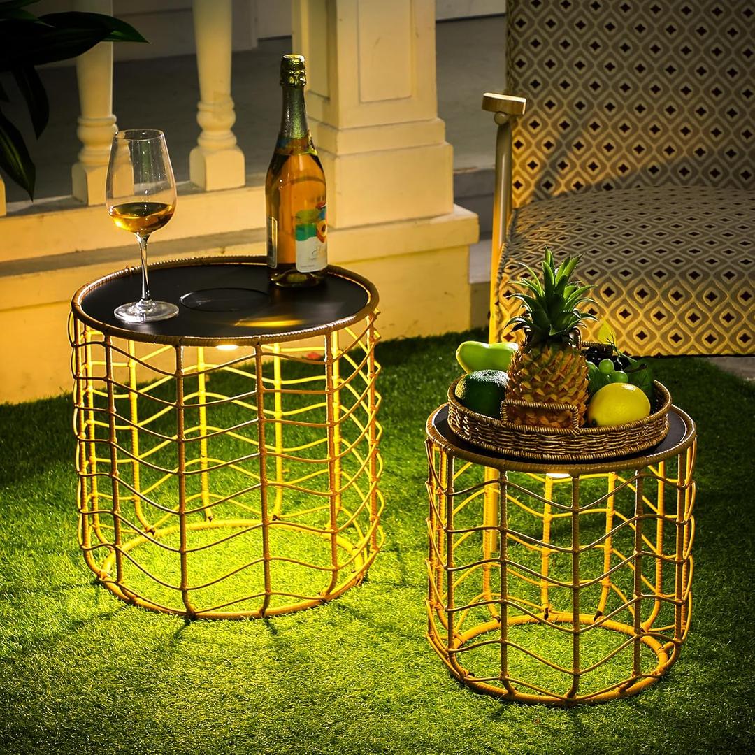 Sumind 2 Sets Solar Nesting Tables with Built-in Lights Cutout Wicker Round Tables for Patio Porch Garden Side Table Outdoor Living Natural Stylish Design