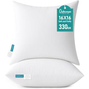 Oubonun 16 x 16 Throw Pillow Inserts - Soft, Plush & Decorative Down Alternative Pillows for Couch Sofa Bed, Machine Washable - White, Pack of 2