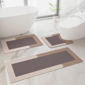 HelloTree 3PCS Bath Mat Rug Rubber Non Slip Quick Dry Rug Sets Super Absorbent Thin Bathroom Rugs Fit Under Door Khaki Washable Bathroom Floor Mats for in Front of Bathtub, Shower Room, Sink, 3 Pieces