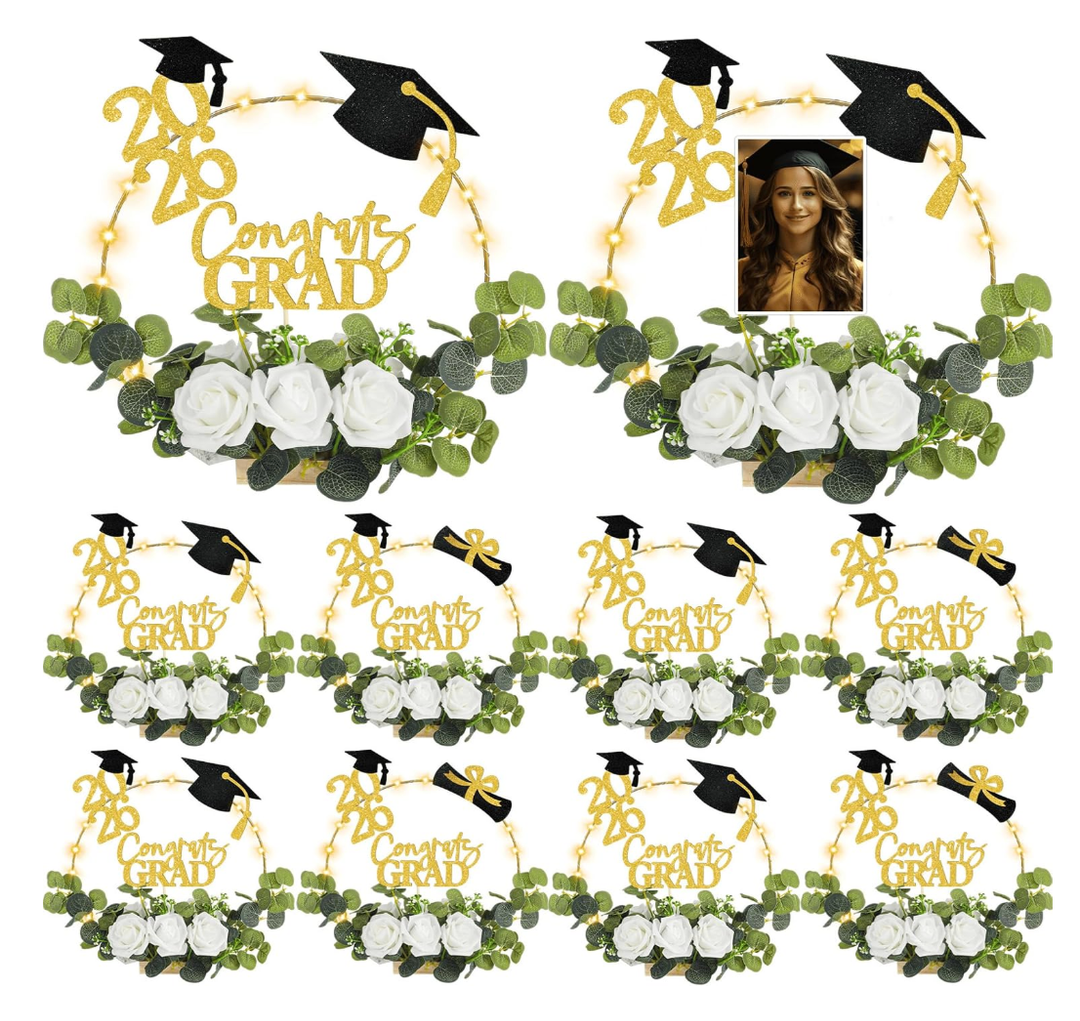 Yunsailing 8 Set 2026 Graduation Centerpiece Class of 2026 Table Photo Display Stand Decor with 8 Hoop Centerpiece 16 Toppers 48 Artificial Flowers and Leaves for Grad DIY Craft Party(White and Blue)