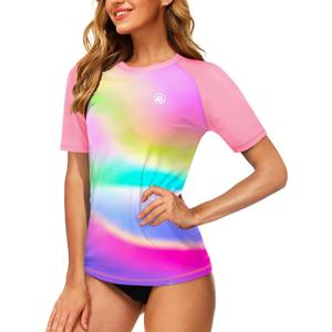 AOBUTE Women Short Sleeve Rash Guard Gradient Sun Protection Swim Shirts, Medium