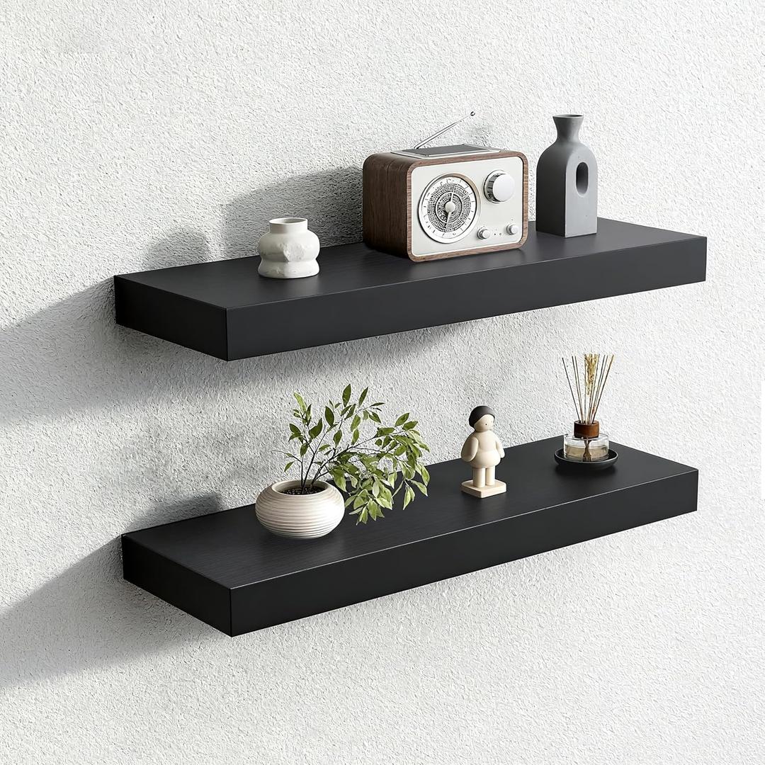 Floating Shelves for Wall,Over The Toilet Storage Cabinet-Set of 2 Black 24 Inch.Wall Shelves for Bathroom,Bedroom,Living Room,Kitchen-Modern Helf Display Organizer&Decor(Black,2pcs), 7.8"D x 24"W x 1.73"H