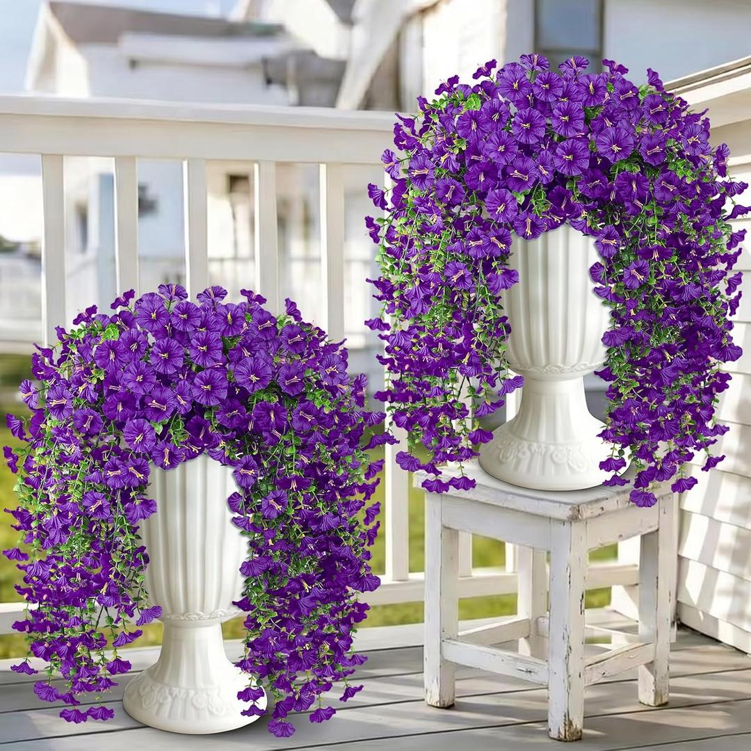 Artificial Hanging Flowers for Outdoors, 4 PCS 600 Blooms UV Resistant Morning Glory Faux Silk Vines, No-Odor Realistic Fake Plants for Garden Planter Porch Patio Decoration, Purple