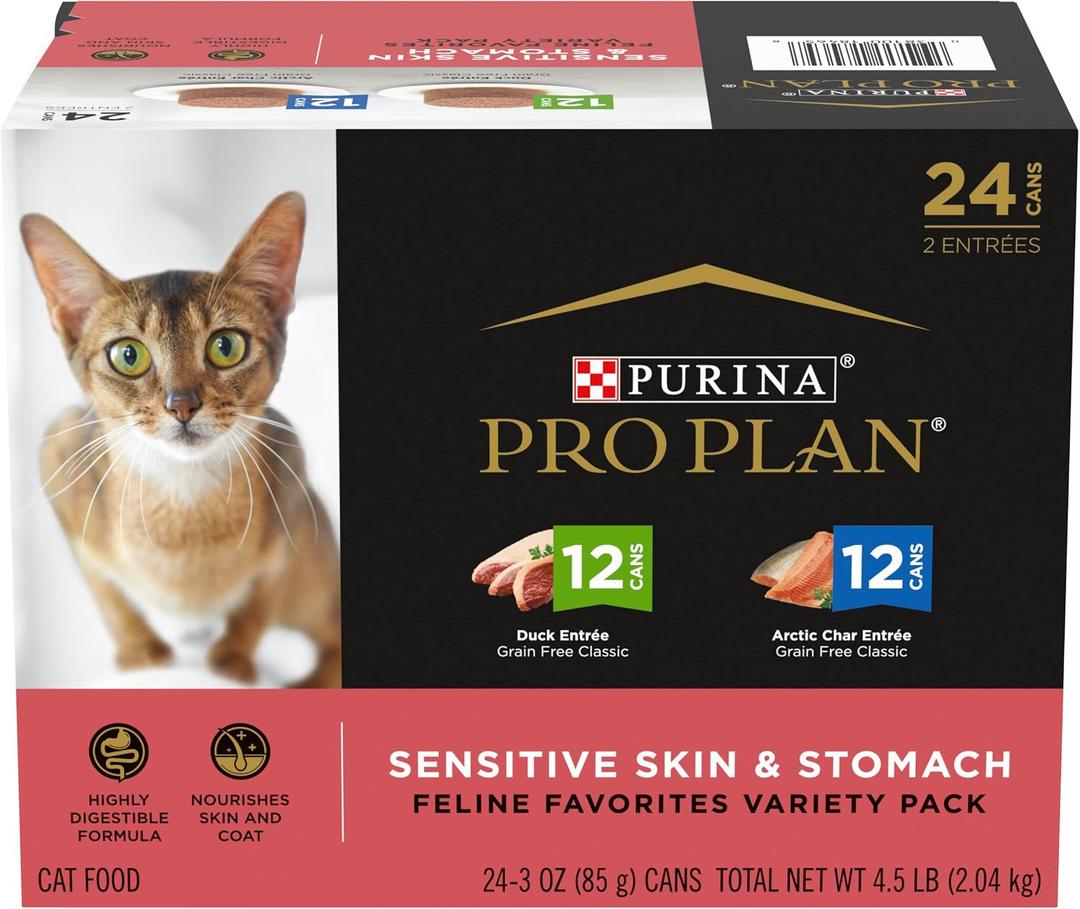Purina Pro Plan Sensitive Skin and Stomach Wet Cat Food Variety Pack, Duck and Artic Char Entrees - (Pack of 24) 3 oz. Cans (EXP 02/29/28)
