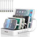 MSTJRY Charging Station for Multiple Devices : 5 Port Multi USB-A Charger Stations Multi-Device Organizer Charging Dock Designed for iPhone iPad Cell Phone Tablets (7 Short Cables Included) (White)