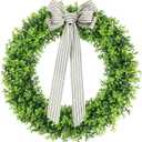 32-Inch Boxwood Wreath, Artificial Boxwood Wreath Front Door Wreaths Artificial Spring Summer Greenery Hanging with A Plaid Bowand Sash for Front Door Wall Hanging