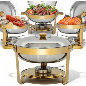 4 Pack 5QT Chafing Dishes for Buffet, Round Stainless Steel Chafing Dish Set, Stainless Steel Food Warmer Ideal for Family Gatherings, Parties, Weddings and Catering Events, Stackable Design (Gold)