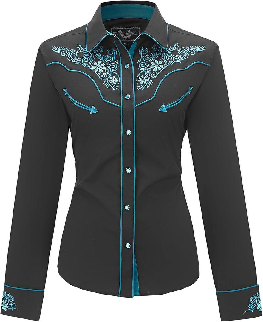 Women's Embroidered Western Cowboy Shirt Vintage Style Long Sleeve Button Down Shirt Premium Quality Snap Front Design (XX-Large, Black-green)