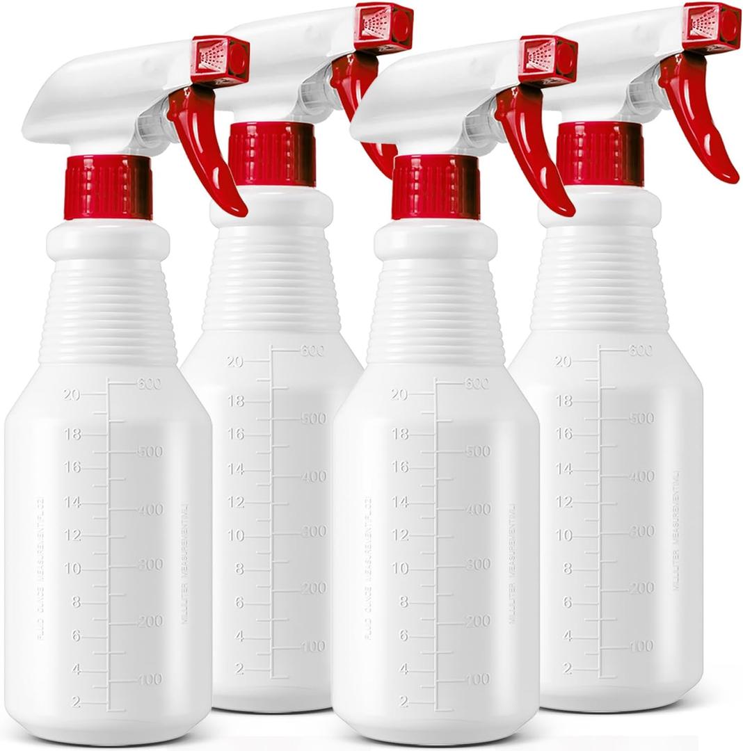 Plastic Spray Bottles 4 Pack, 24 Oz, Mist & Stream, Heavy Duty HDPE Sprayer Bottle, Leak Proof Empty Spraying Water Bottle for Cleaning Solutions, Planting, Car Detail, Pet Training with Measurement