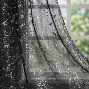 Horaldaily Black Sheer Curtains for Living Room and Bedroom, Sliver Sequin Glitter Metallic Foil, Scenery Light Filtering Window Curtains, 52" W x 63" L, Set of 2 Curtain Panels
