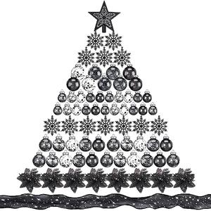 Jenaai Black 74 Pcs Christmas Ball Ornaments Set Plastic Shatterproof Christmas Tree Decorations with Hanging Snowflakes Ribbons Artificial Poinsettia Flowers Tree Topper for Xmas Decor